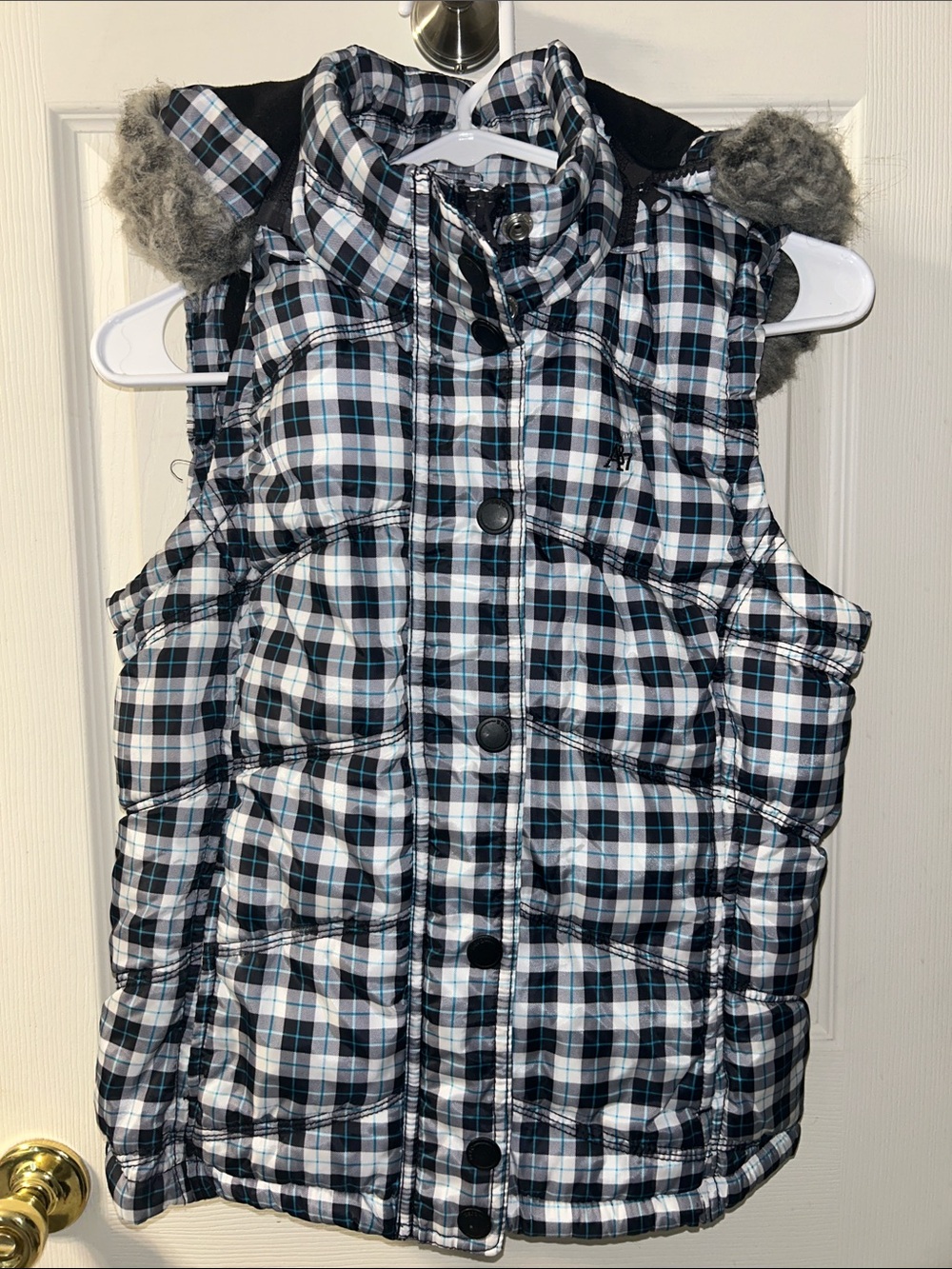 Aeropostale Black, Gray & Teal Plaid Lined Puffer Vest